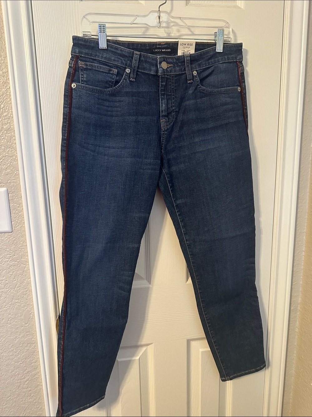 Lucky Brand Dark Blue Low-Rise Cropped Jeans with Wine Velvet Side Stripe